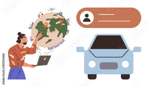 Woman pointing at a globe on laptop, emphasizing remote connections, collaboration, and transport. Ideal for technology, networking, global reach, mobility, innovation shared economy education