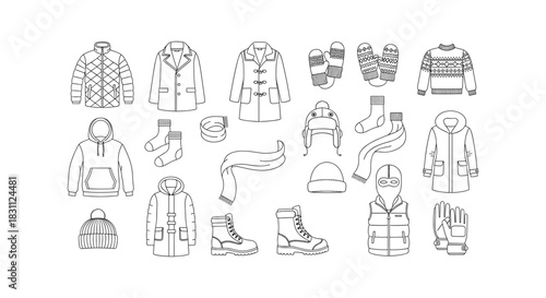 Big vector collection of various winter clothing items jacket coat hat scarf glove sock