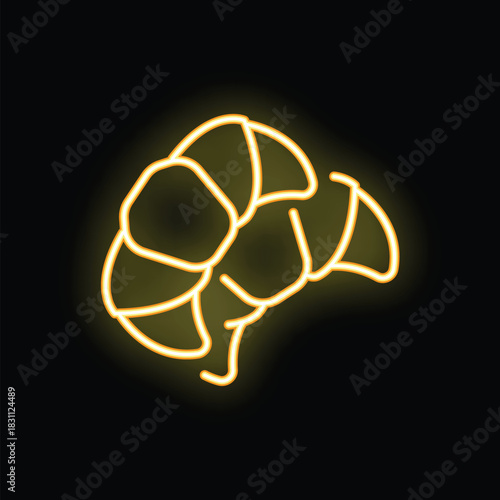 Yellow neon sign depicting a delicious croissant shining on a black background