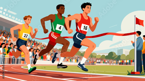 This dynamic illustration shows sprinters racing toward the finish line on a track, with cheering spectators filling the stadium, capturing the excitement and intensity of an athletics competition.