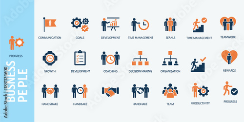 Business people icons, communication, goals, development, teamwork, coaching, productivity, decision making, progress, organization - flat vector illustration