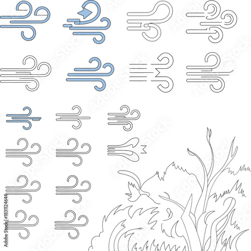 Collection of diverse wind and air movement icon illustrations