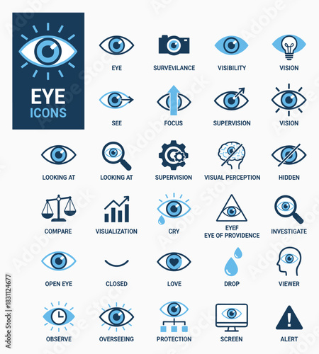 Eye icons, vision symbols, surveillance, observation, focus, supervision, visual perception, hidden view, alertness, protection, compare, viewer, flat vector illustration
