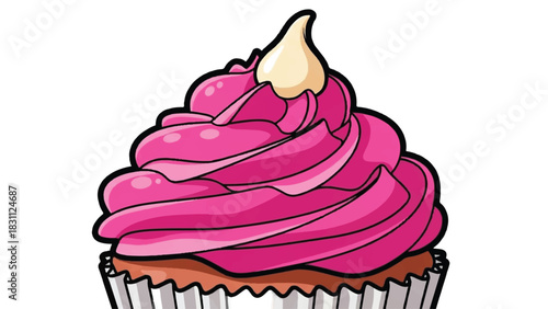 Delicious Pink Frosted Cupcake with Cream Swirl.