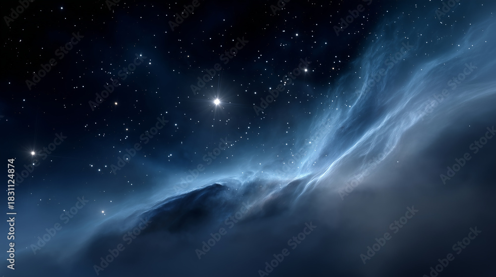 Fototapeta premium A richly detailed view of outer space featuring a luminous blue nebula extending across the scene like a drifting cosmic cloud. The nebula glows in layered shades of sapphire, coba