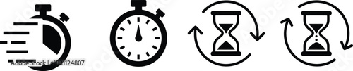 Time icons, stopwatch, hourglass, speed, urgency, cycle, countdown, measurement, duration, passage, repeat, flow - flat vector illustration