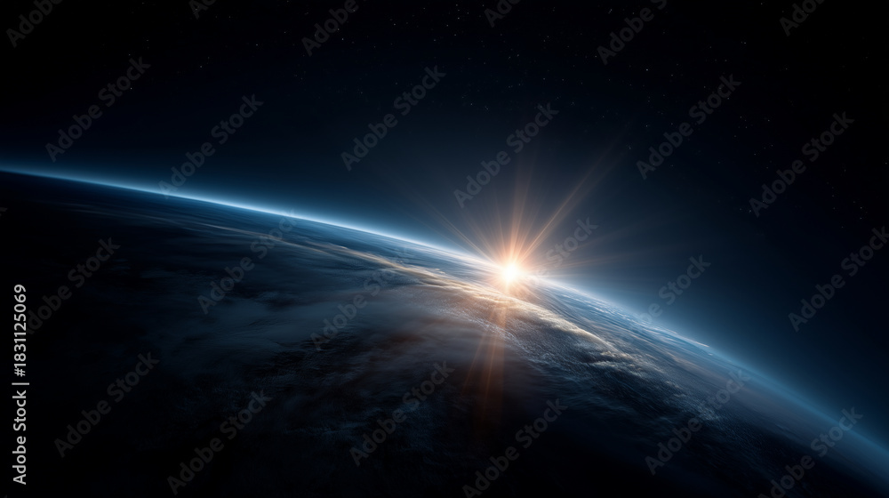 Fototapeta premium A breathtaking cosmic sunrise as seen from orbit, with the edge of Earth glowing in vivid blue tones. The sunâs bright core emerges from behind the horizon, casting powerful rays t