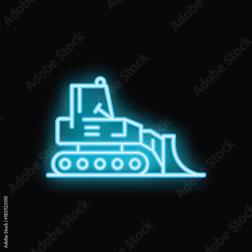 Blue neon sign of a bulldozer working at night on a construction site