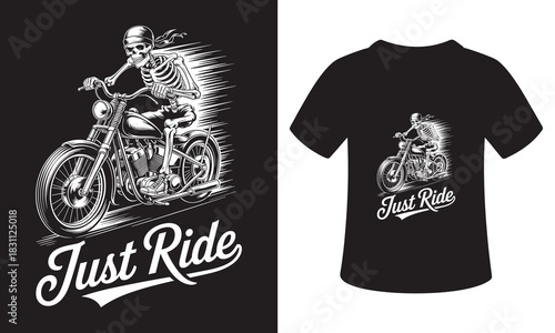 Skeleton rider on motorcycle with just ride text