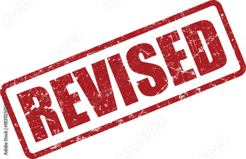 Grunge red stamp with the word revised diagonally across it on a transparent backdrop