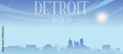 Blue panoramic poster of the city skyline with misty background buildings and clouds of DETROIT, MICHIGAN