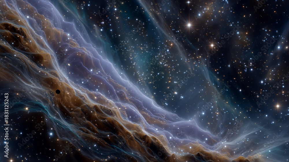 Fototapeta premium A vast, hyper-detailed cosmic panorama of a colorful nebula stretching diagonally across deep dark space. The nebula appears as a swirling fusion of luminous interstellar gases