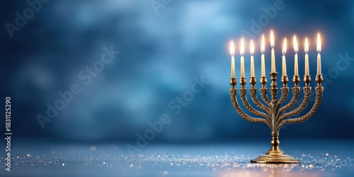 Illuminated menorah with nine candles burning brightly on a textured blue background