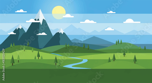 Majestic mountain range with lush green valley and winding river under blue sky.