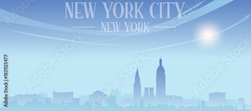 Blue panoramic poster of the city skyline with misty background buildings and clouds of NEW YORK CITY, NEW YORK