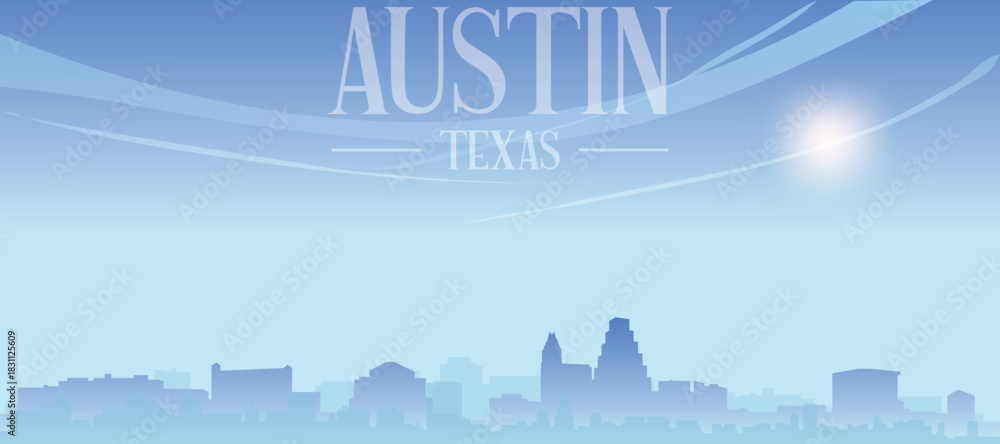 Fototapeta premium Blue panoramic poster of the city skyline with misty background buildings and clouds of AUSTIN, TEXAS