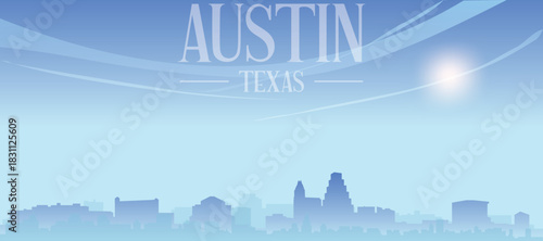 Blue panoramic poster of the city skyline with misty background buildings and clouds of AUSTIN, TEXAS