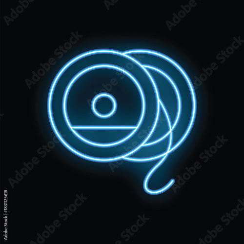 Neon sign illustrating a spool of thread glowing blue against a black background