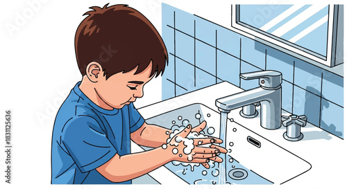 Young boy diligently washing hands with soap and water at a sink.