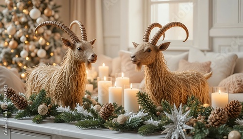 Swedish Christmas décor featuring straw Yule goat (Julbock), minimalist Scandinavian candles, clean white interior, cozy hygge lighting.