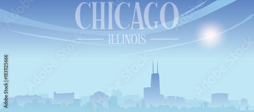Blue panoramic poster of the city skyline with misty background buildings and clouds of CHICAGO, UNITED STATES