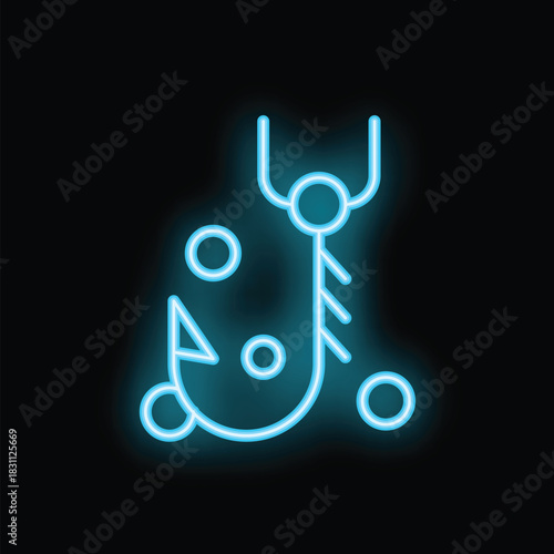 Blue neon icon of a fishing hook with bait and bubbles, glowing on a black background
