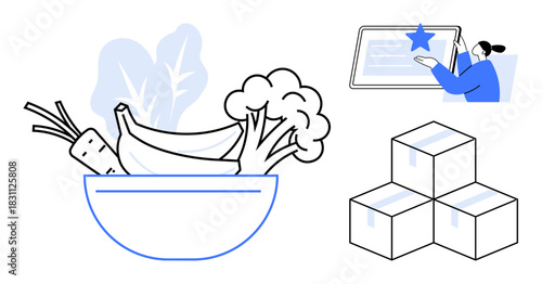 Bowl of vegetables and fruits, person interacting with tablet, and packed boxes highlight grocery delivery, digital commerce, inventory, and eco-friendly choices. Ideal for retail, virtual training