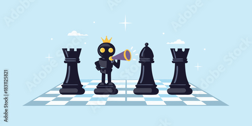 Robot king with megaphone leads chess pieces on board