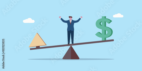 Businessman on a seesaw balancing against a dollar sign and a triangle