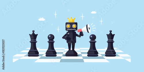 Robot king with megaphone leading chess pieces on board