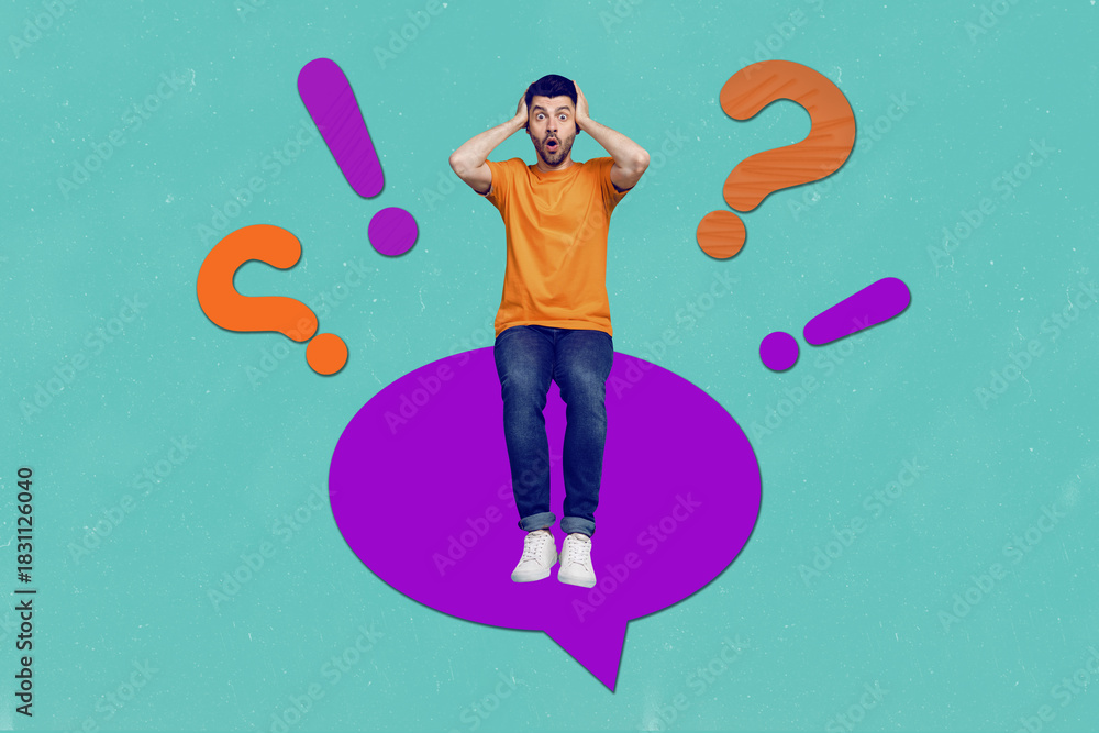 Naklejka premium Picture collage of person hold head hands stand color textbox saying exclamation question marks on teal background