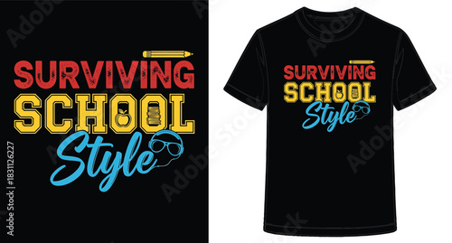 Surviving School Style TShirt Design for Students and Educators with Pencil Book and Headphones Icons