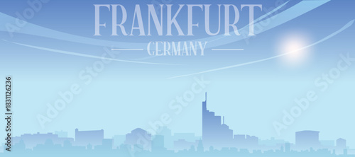 Blue panoramic poster of the city skyline with misty background buildings and clouds of FRANKFURT, GERMANY