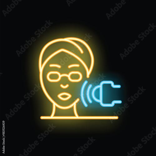 Neon sign illustrating a woman wearing glasses benefiting from a hearing aid improving her hearing