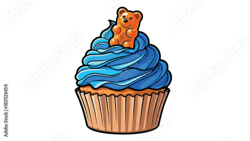 Delicious cupcake with blue frosting and a gummy bear on top.