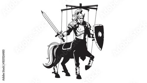Medieval knight on horseback wielding sword and shield in illustration.