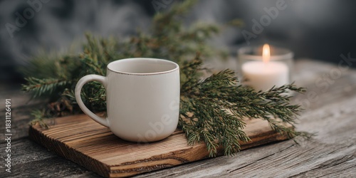Wallpaper Mural Cozy ceramic mug with evergreen branches and a lit candle on a rustic wooden surface Torontodigital.ca