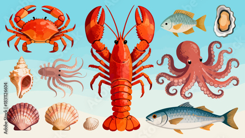 This colorful illustration displays a diverse collection of seafood—including shrimp, salmon, tuna, crabs, scallops, octopuses, and mussels—arranged neatly against a light background.
