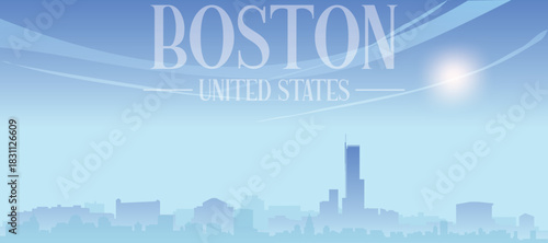 Blue panoramic poster of the city skyline with misty background buildings and clouds of BOSTON, UNITED STATES