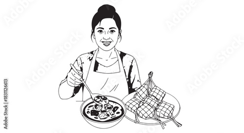 Smiling woman presenting a plate of pizza with a bag of groceries in a sketch style illustration.
