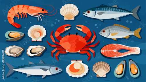 This colorful illustration displays a diverse collection of seafood—including shrimp, salmon, tuna, crabs, scallops, octopuses, and mussels—arranged neatly against a light background.
