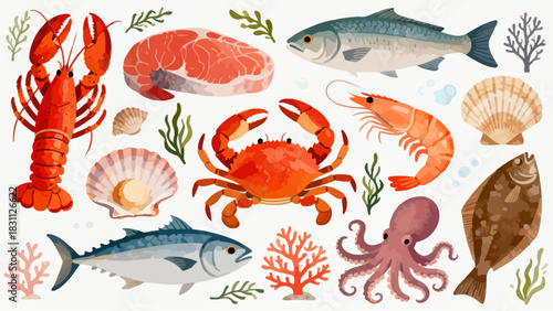 This colorful illustration displays a diverse collection of seafood—including shrimp, salmon, tuna, crabs, scallops, octopuses, and mussels—arranged neatly against a light background.