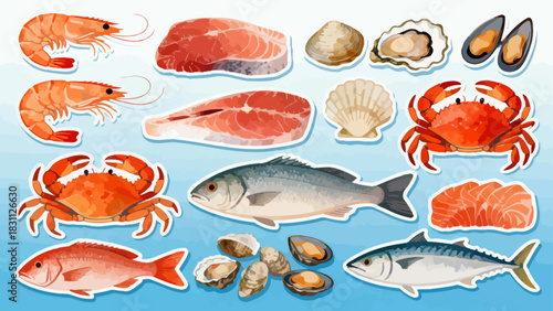 This colorful illustration displays a diverse collection of seafood—including shrimp, salmon, tuna, crabs, scallops, octopuses, and mussels—arranged neatly against a light background.
