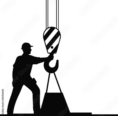 Tableau sur toile Construction Worker and Crane Hook Silhouette Vector Icon, Rigger Lifting Load,