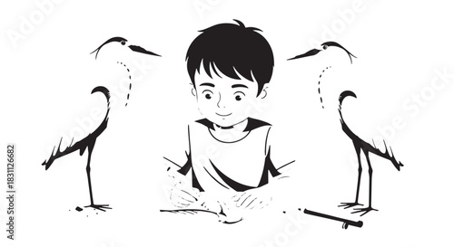 Gentle boy surrounded by two cranes in a serene monochrome illustration featuring graceful linework.