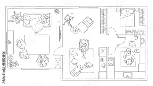 Architectural Drawings of a Modern Apartment Floor Plan Showing People in Daily Home Activities