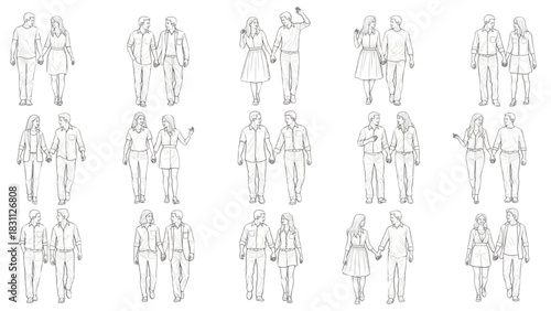Diverse Couples Walking Together Hand-Drawn Vector Illustration Set