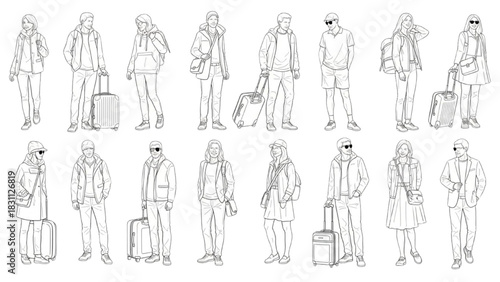 CAD People Outline  Vector Illustration Art of Diverse Travelers Ready for Departure