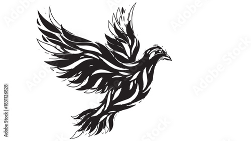 Stylized black bird silhouette with outstretched wings in flight, graphic vector design.