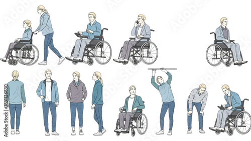 CAD People Vector Illustrations of People with Disabilities in Daily Life